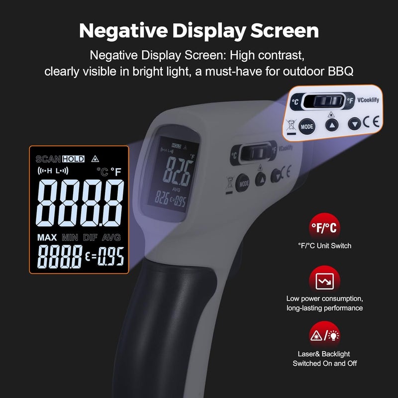 VCooklify Temperature Gun for Meat,Automotive Infrared Thermometer Gun with Ring Laser DS12:1,Digital Thermal Gun with Adjustable Emissivity&High/Low Alarm,-58~1400℉IR Temp Gun for Engine,Brakes&HVAC - Image 5
